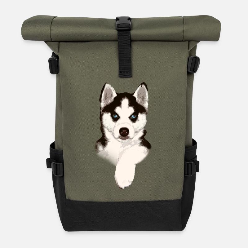 Husky Welpe mit Blauem Blick - Rolltop Rucksack - Olive/Schwarz