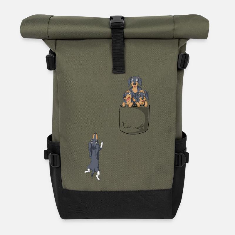 T-Shirt mit Dackeltasche - Rolltop Rucksack - Olive/Schwarz