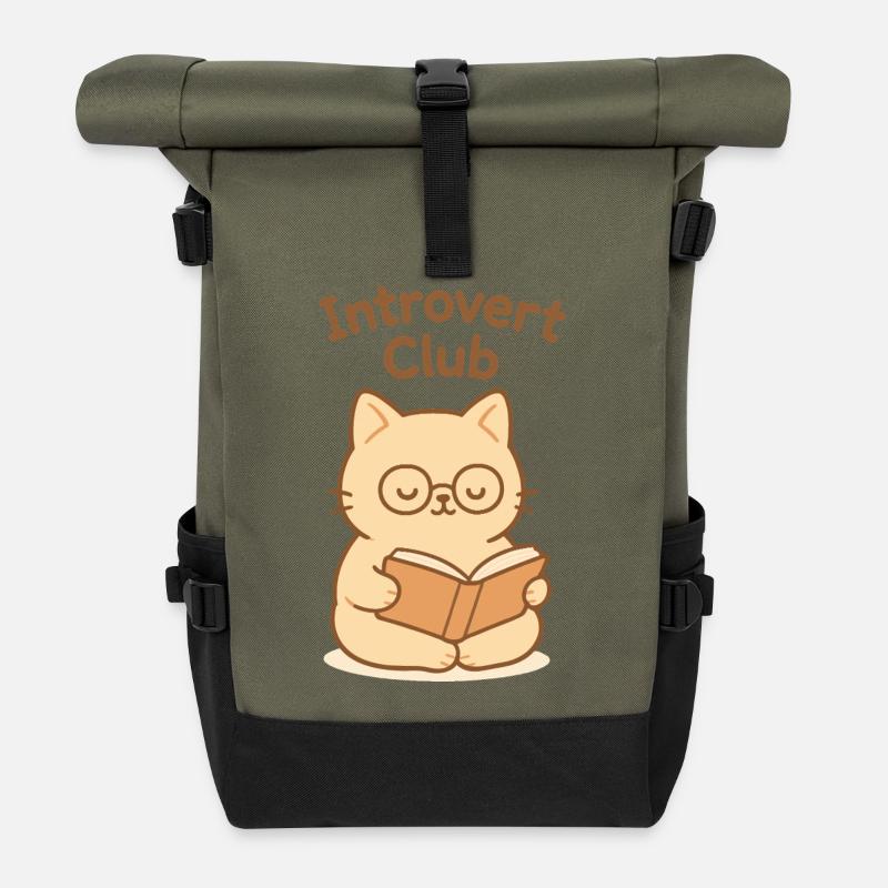 Introvert Club Cat Reading - Roll Top Backpack - olive/black