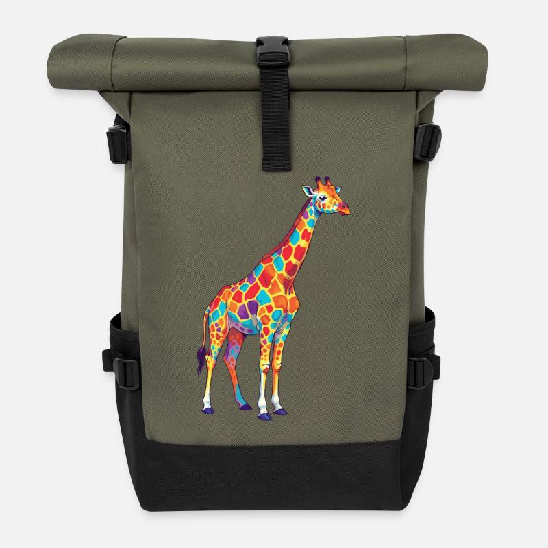 Bunte Giraffen-Regenbogen-Pop-Art-Aquarell - Rolltop Rucksack - Olive/Schwarz