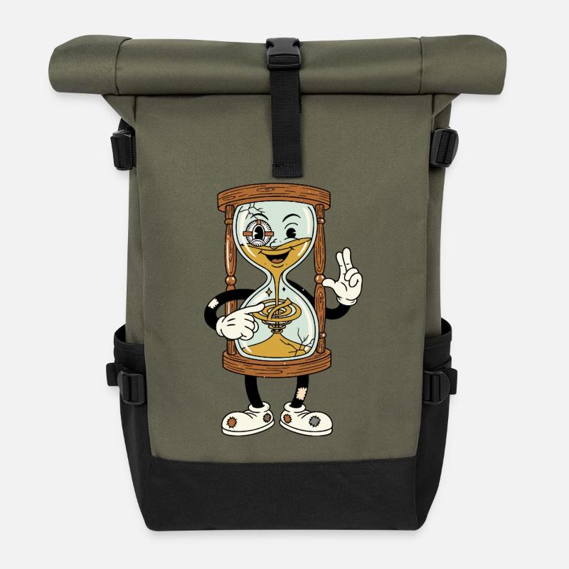 Funny Hourglass Cartoon – Vintage Feel - Roll Top Backpack - olive/black