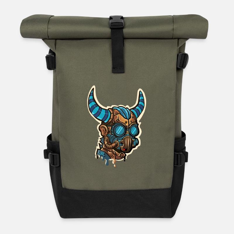 Bläulich-gehörnte Steampunk-Maske - Rolltop Rucksack - Olive/Schwarz