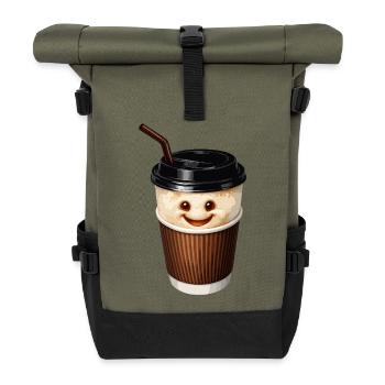 Lächelnde Kaffeetasse mit Strohhalm - Rolltop Rucksack - Olive/Schwarz - Vorne
