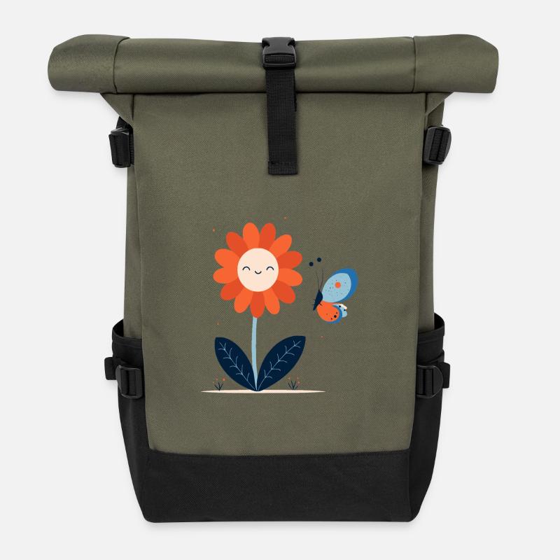 Laughing Flower with Butterfly - Roll Top Backpack - olive/black
