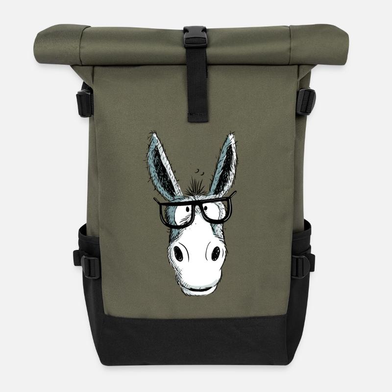 Lustiger Grauer Nerd Esel Mit Brille I Comic - Rolltop Rucksack - Olive/Schwarz