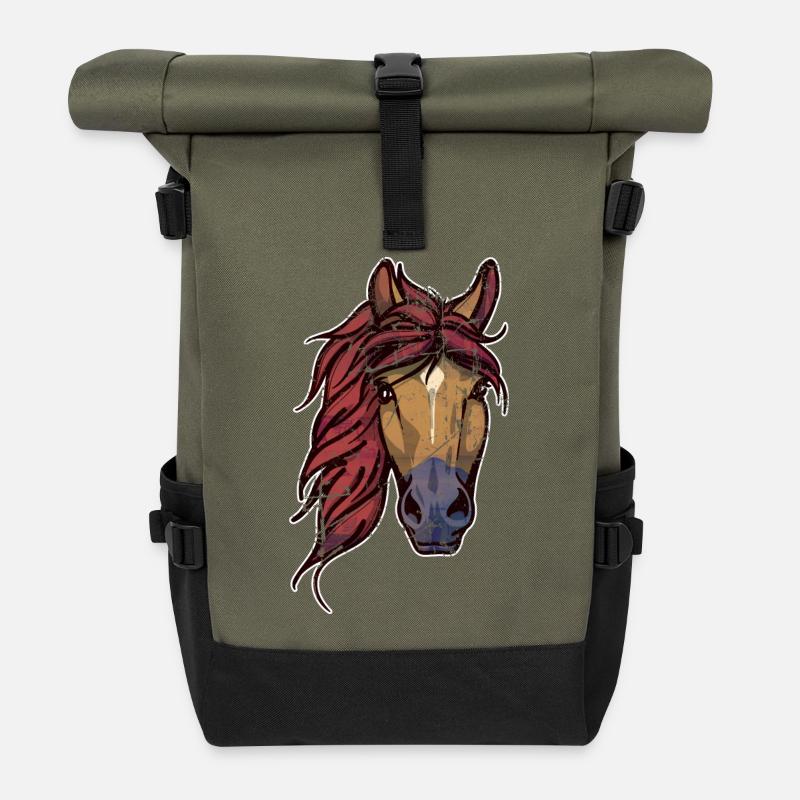 Vintage Pferde Islandpferde Pferdenarr Isländer - Rolltop Rucksack - Olive/Schwarz