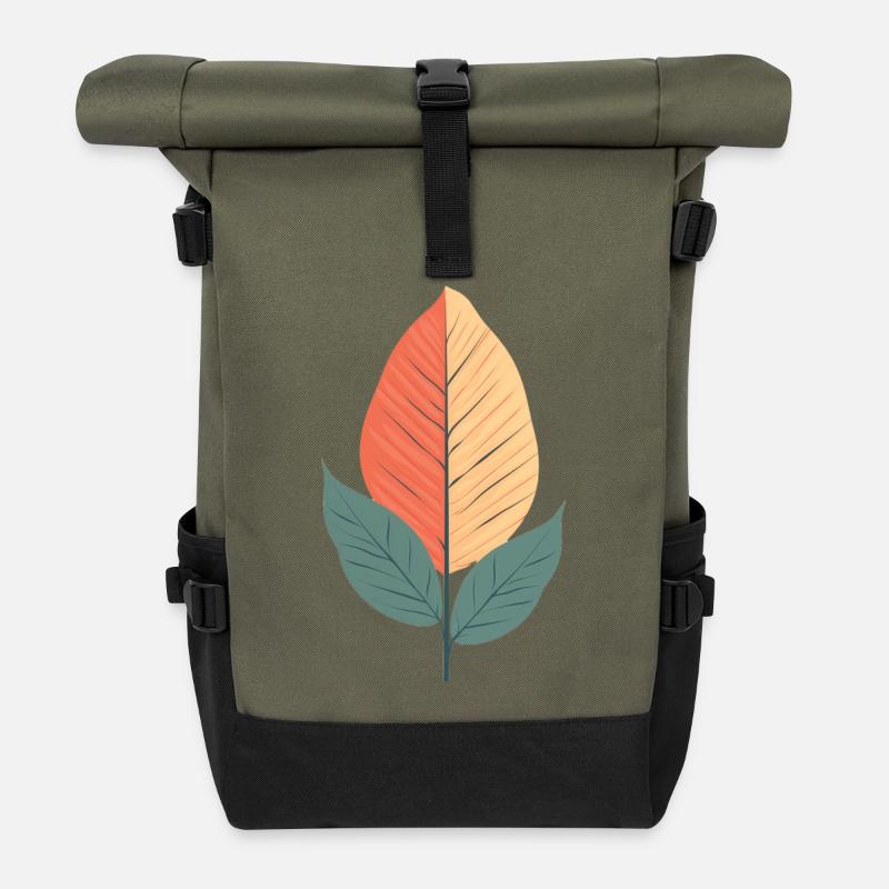 Minimalistisches Blatt - Rolltop Rucksack - Olive/Schwarz