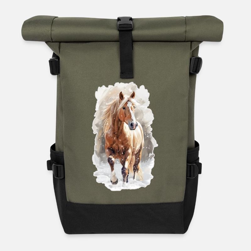 Pferd im Schnee - Rolltop Rucksack - Olive/Schwarz