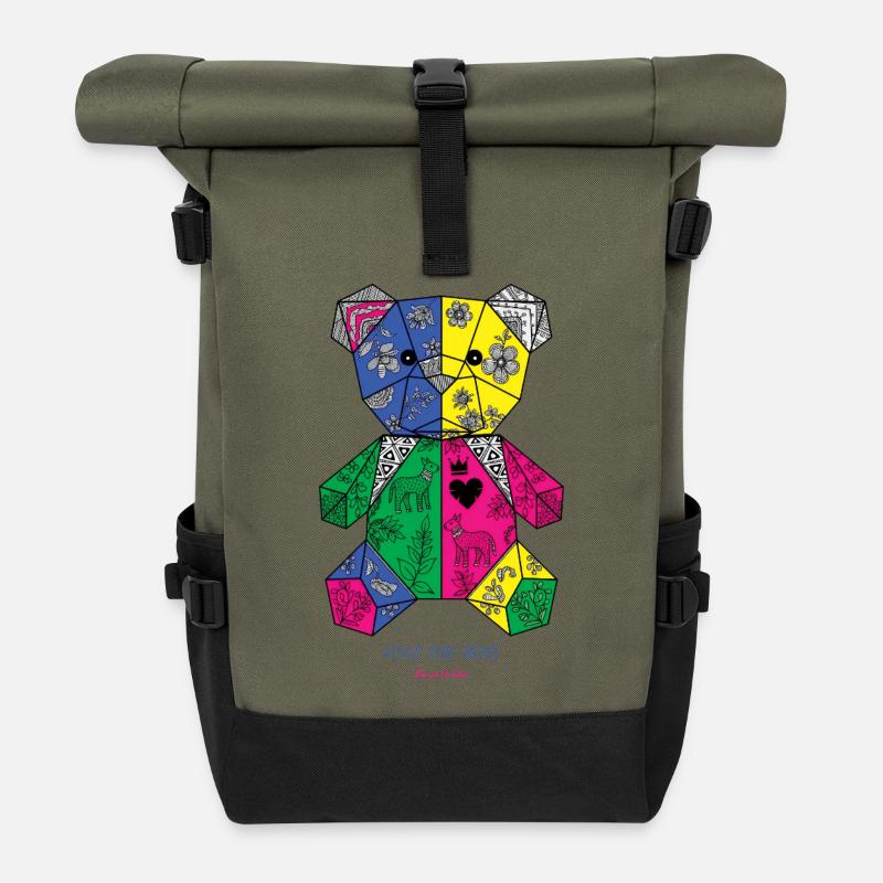 Geometric Floral Teddy Mosaic - Roll Top Backpack - olive/black