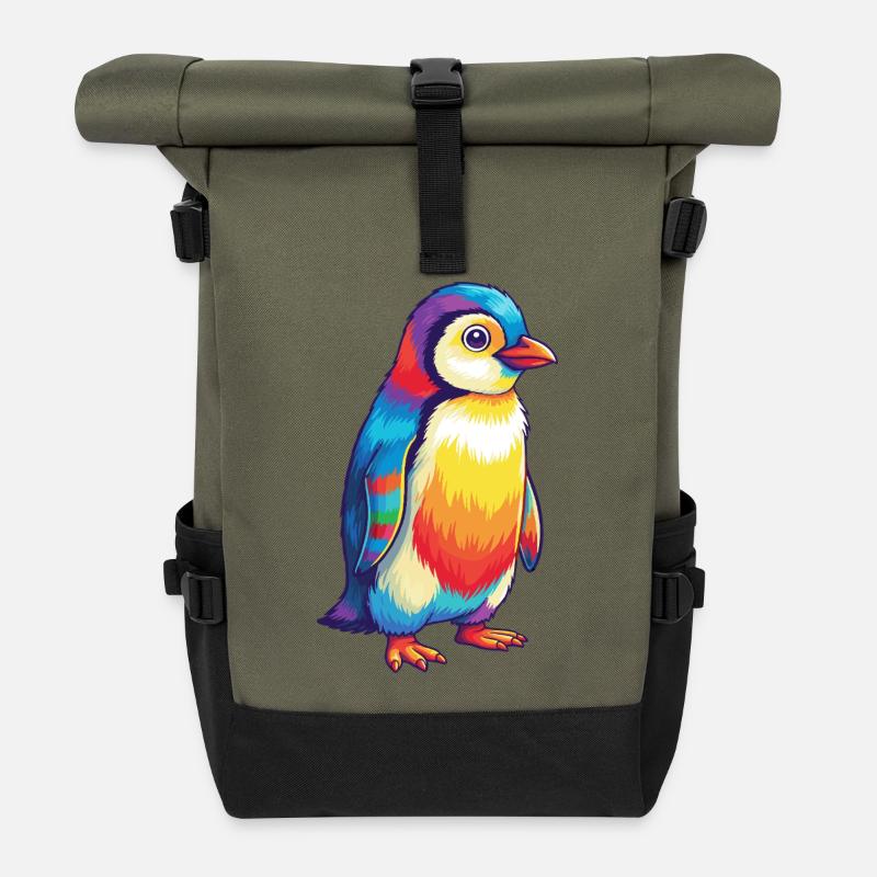 Buntes Pinguin-Regenbogen-Pop-Art-Aquarell - Rolltop Rucksack - Olive/Schwarz