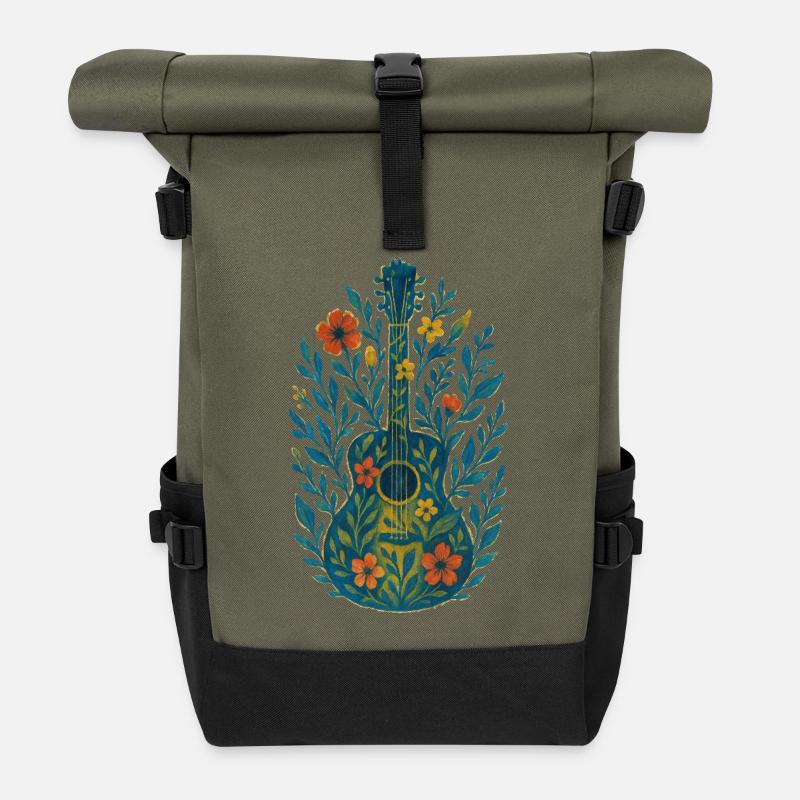 Guitare florale à l’aquarelle - Sac à dos roll top - olive/noir