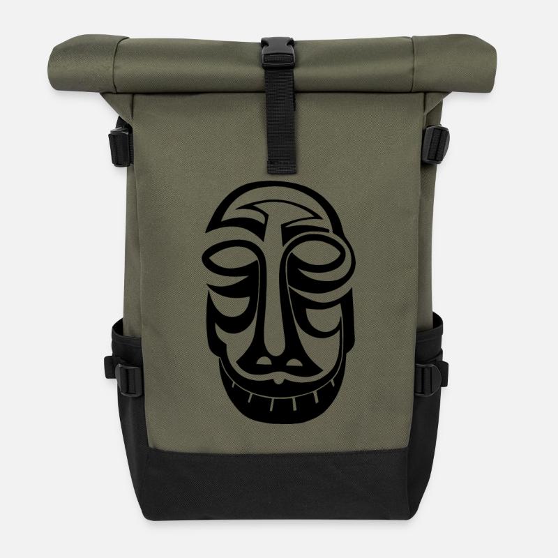 Maske Totem Grinsen Fratze Dämon Geist - Rolltop Rucksack - Olive/Schwarz