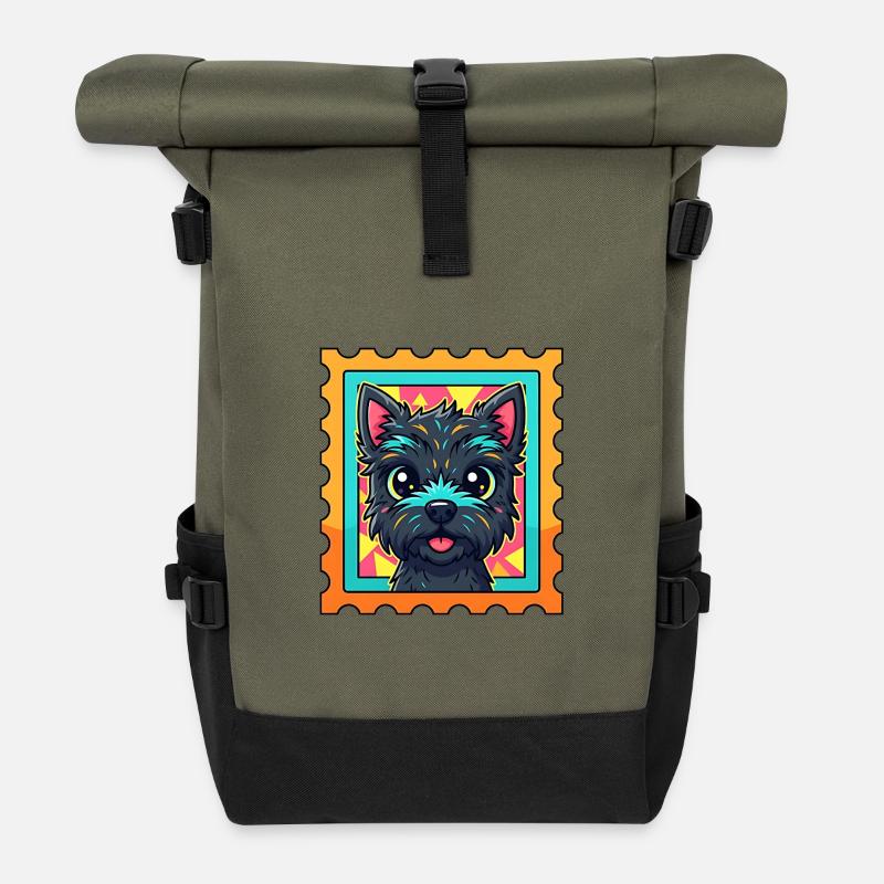 Colorful Terrier Dogs Caricature on Postage Stamp - Roll Top Backpack - olive/black