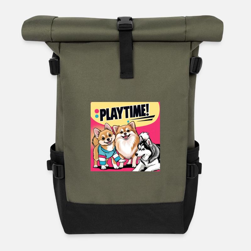 Comic Dogs - Playtime - Roll Top Backpack - olive/black