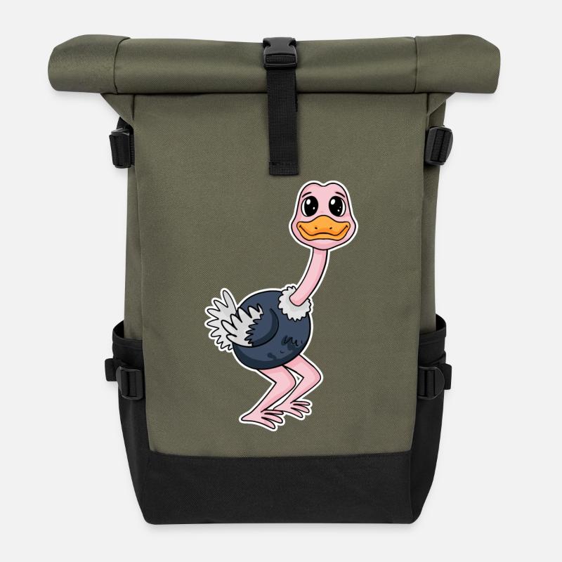 Strauß Motiv Zootiere - Rolltop Rucksack - Olive/Schwarz