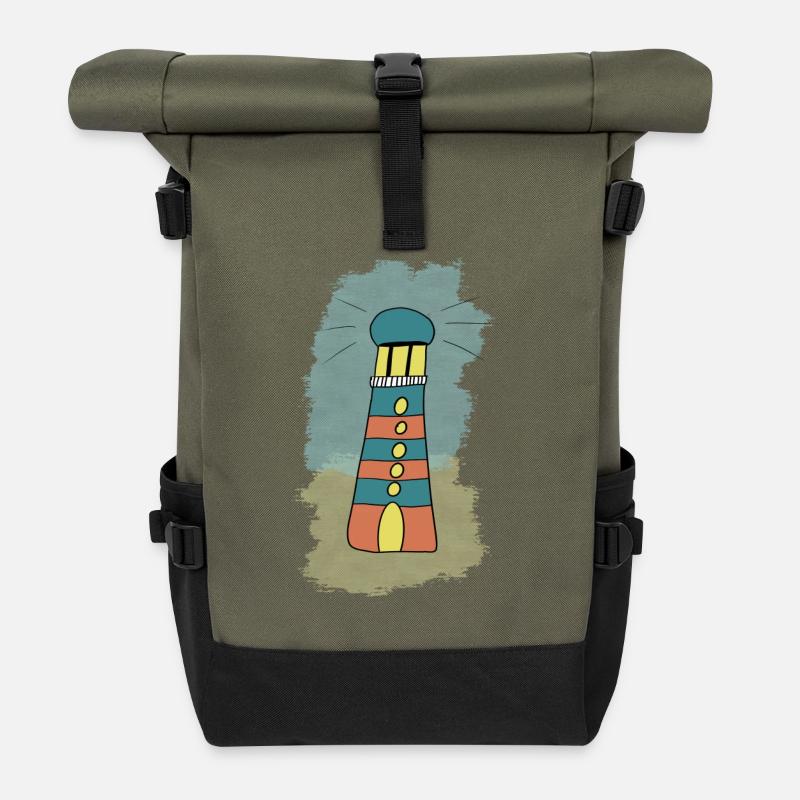 Abstrakte bunte Turmillustration - Leuchtturm - Rolltop Rucksack - Olive/Schwarz