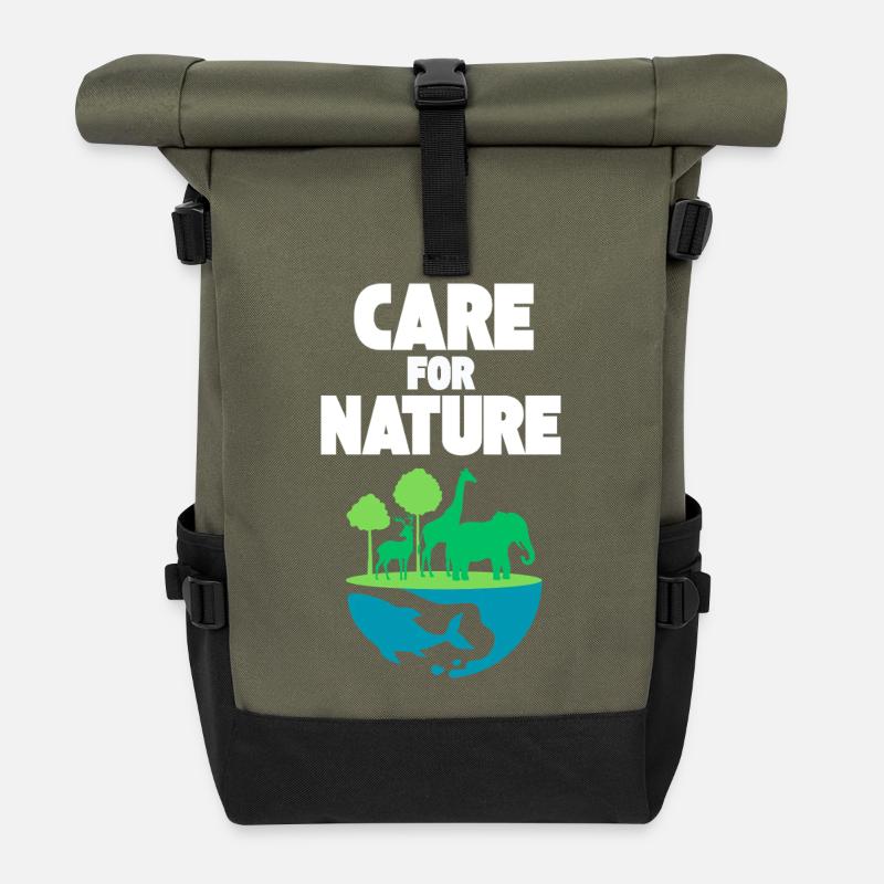Care for Nature: Wildlife Scene - Roll Top Backpack - olive/black