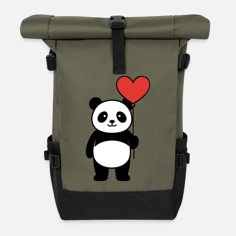 Panda avec ballon en cœur - Doux amour & Saint-Valentin - Sac à dos roll top - olive/noir