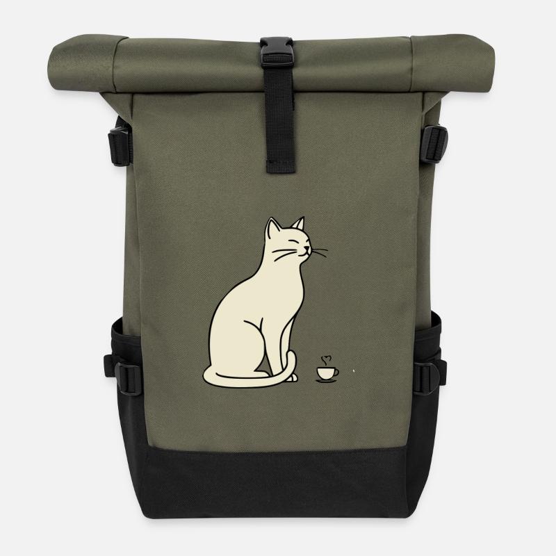 Minimalist Silhouette Cream Cat - Roll Top Backpack - olive/black
