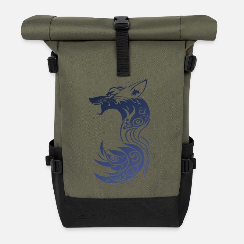 Blue Tribal Fantasy Fox - Roll Top Backpack - olive/black