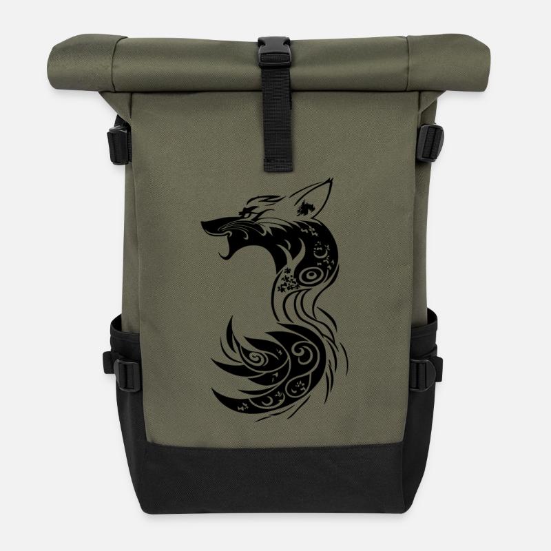 Black Tribal Fantasy Fox - Roll Top Backpack - olive/black