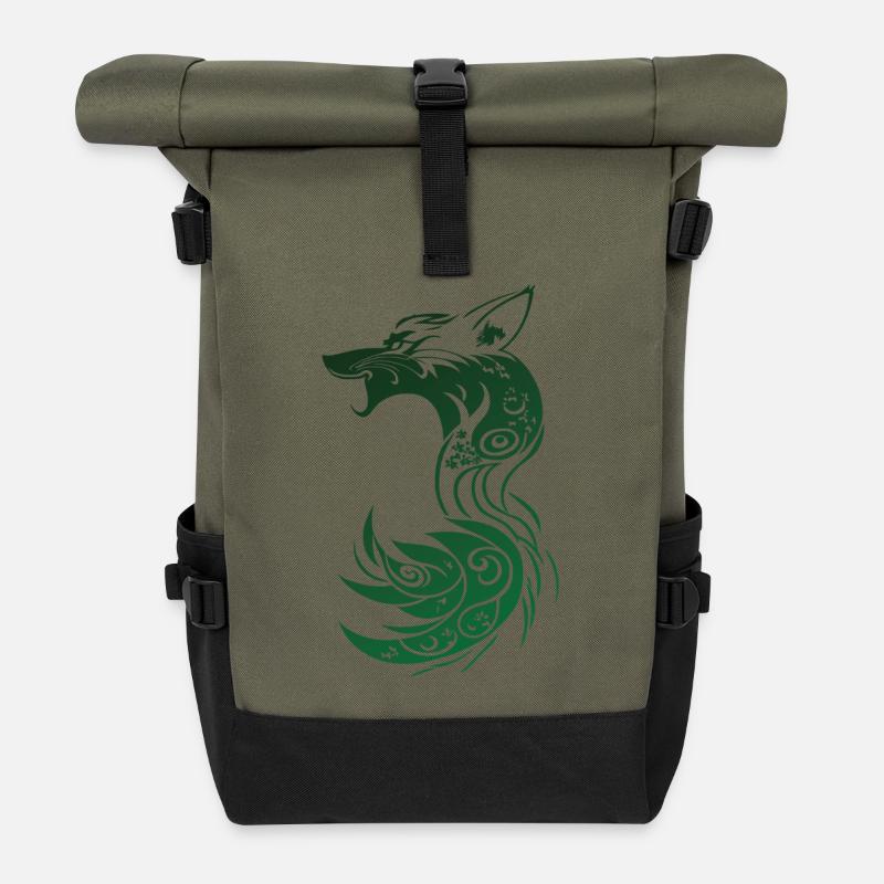 Green Tribal Fantasy Fox - Roll Top Backpack - olive/black