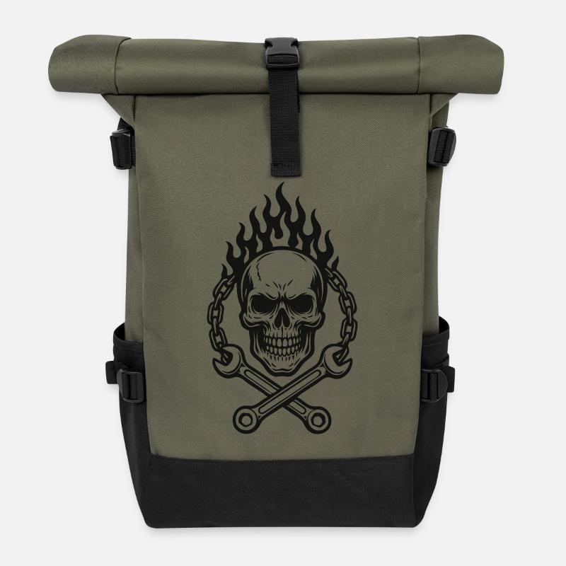 Skull & Wrench Design - Roll Top Backpack - olive/black