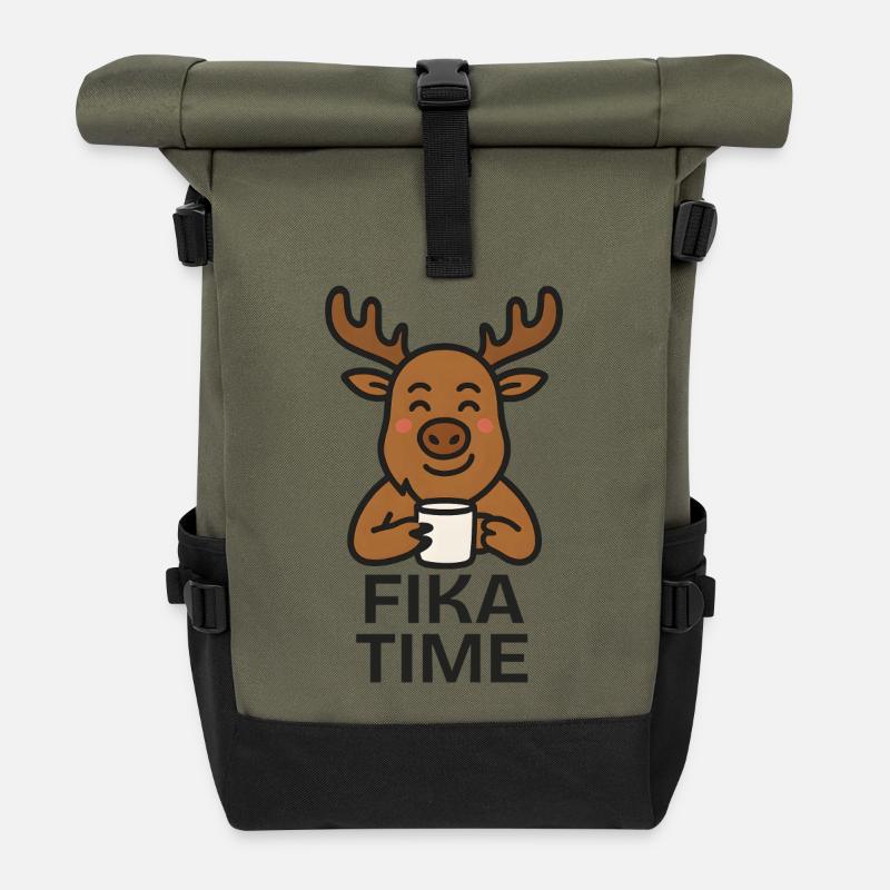 Cute Reindeer Coffee Mug Design Fika Time - Roll Top Backpack - olive/black