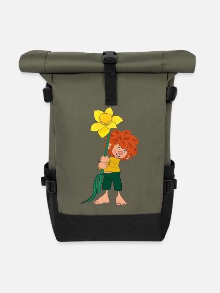 Pumuckl Design Mit Gelber Blume - Rolltop Rucksack - Olive/Schwarz
