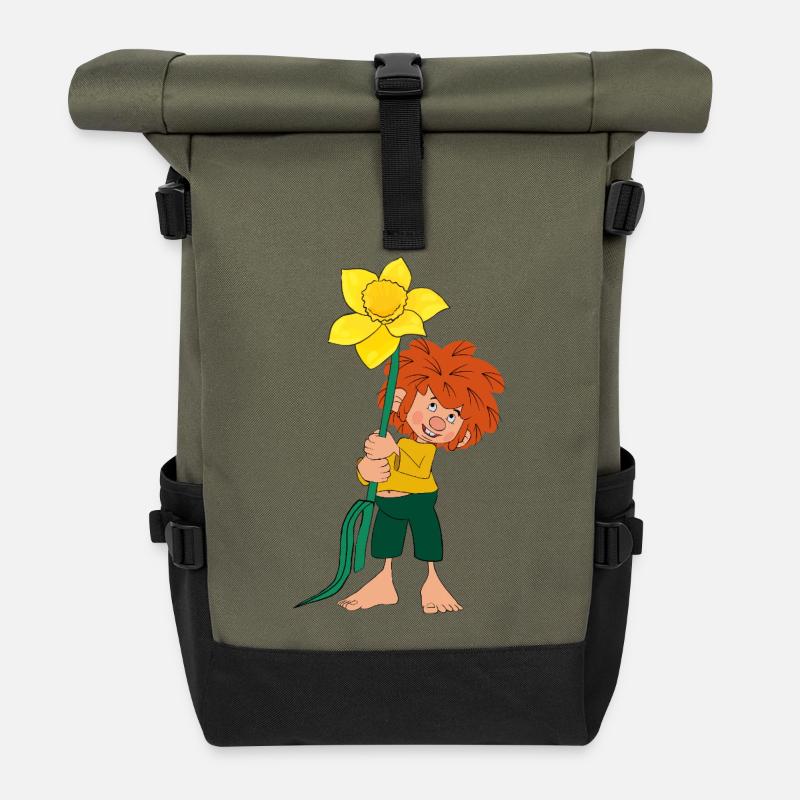 Pumuckl Design Mit Gelber Blume - Rolltop Rucksack - Olive/Schwarz