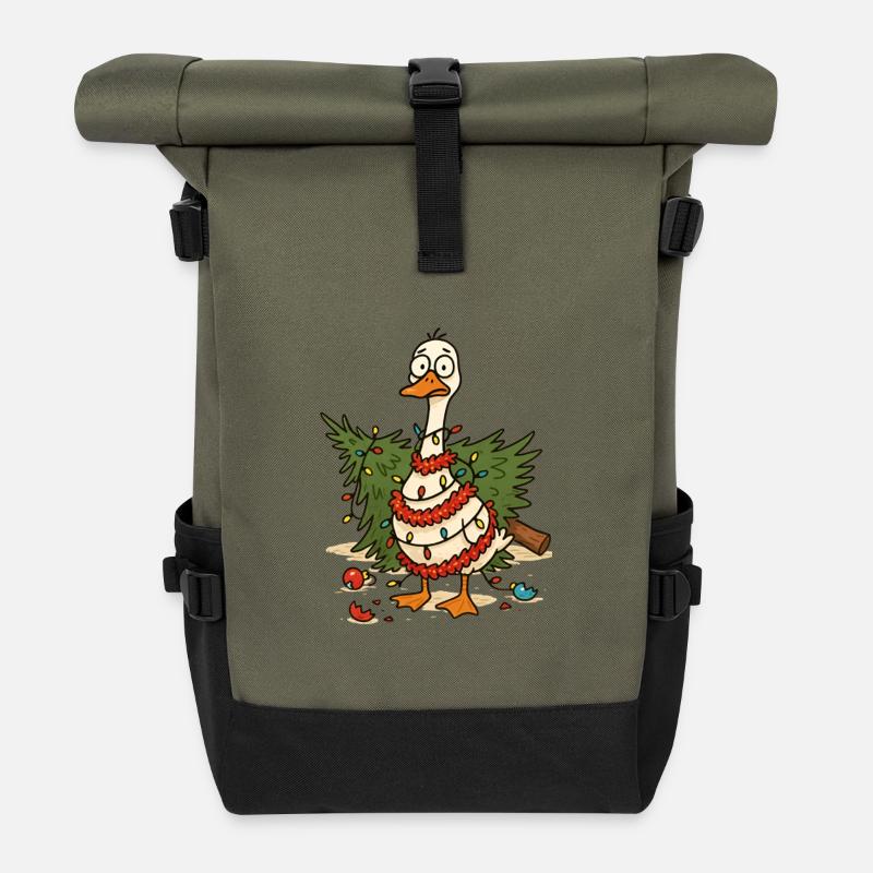 Quirky Christmas Quack with Lights - Roll Top Backpack - olive/black