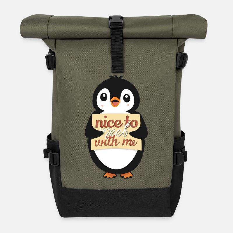Penguin with Nice to Meet with me - Roll Top Backpack - olive/black