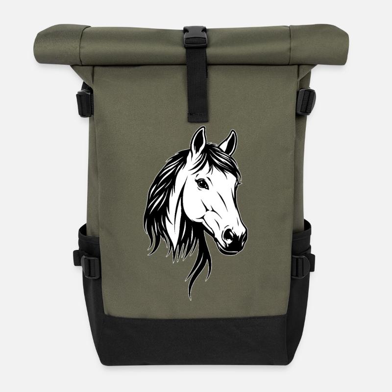 Pferdekopf Schwarz-Weiß - Rolltop Rucksack - Olive/Schwarz