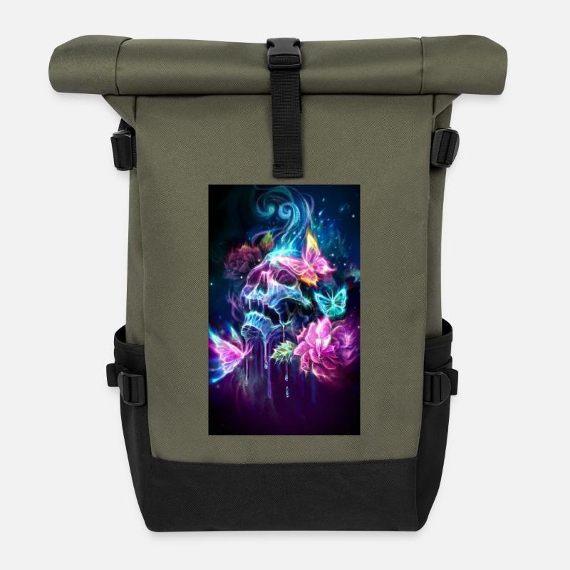 Neon butterflies in bloom - Roll Top Backpack - olive/black