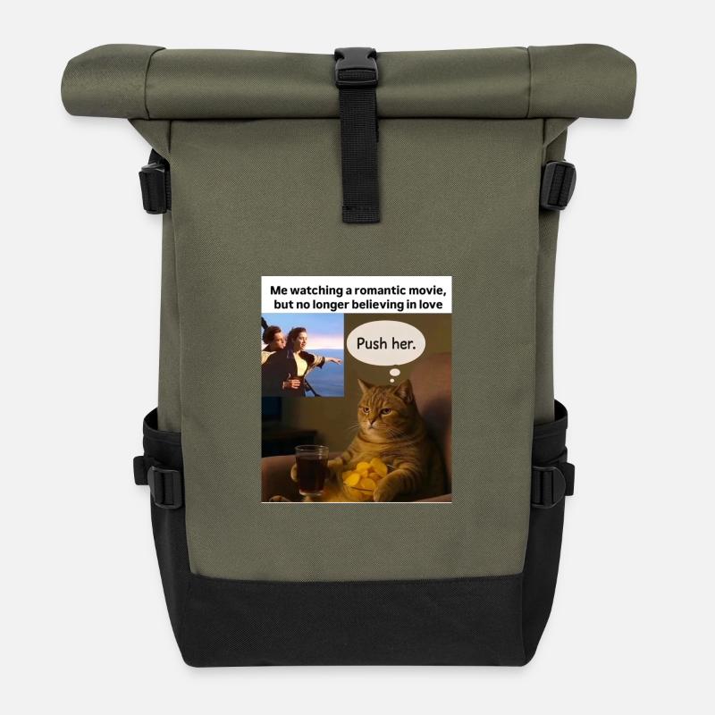 Cat Meme Push Romance - Roll Top Backpack - olive/black