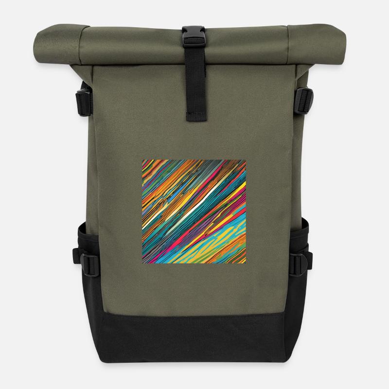 Bunte Striche - Rolltop Rucksack - Olive/Schwarz