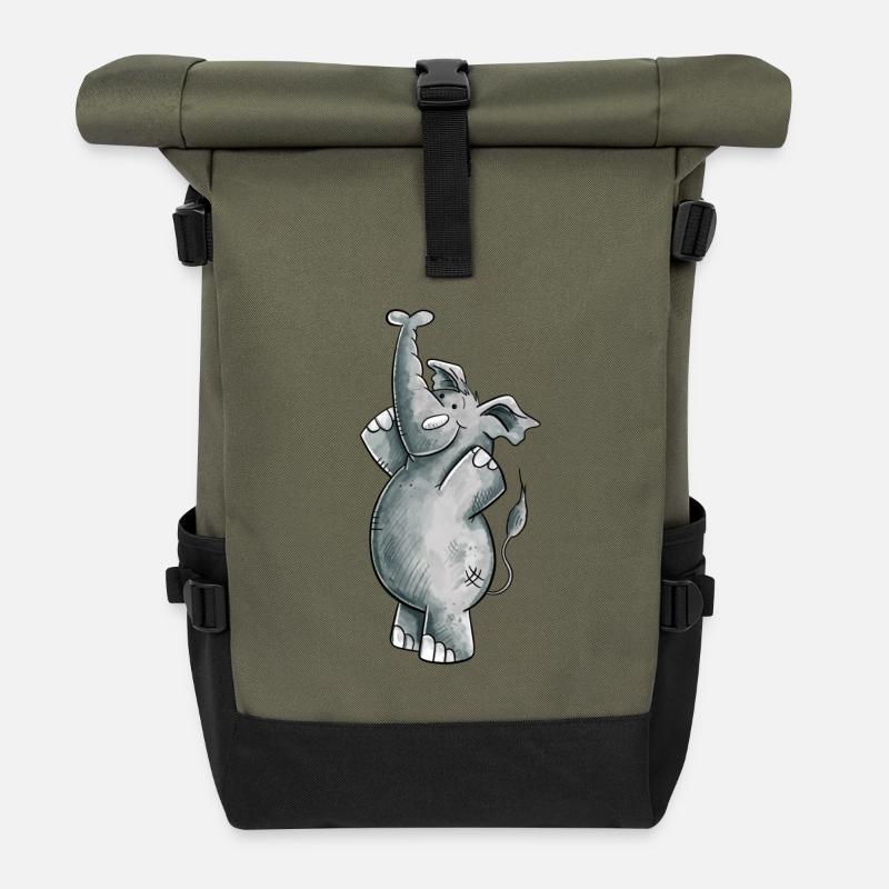 Happy Elephant I Fun Wild Animal Design I Trample Animal - Roll Top Backpack - olive/black