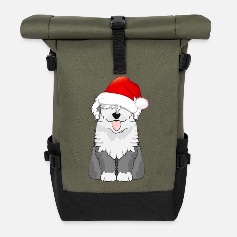mignon chien bobtail avec casquette pour Noël - Sac à dos roll top - olive/noir