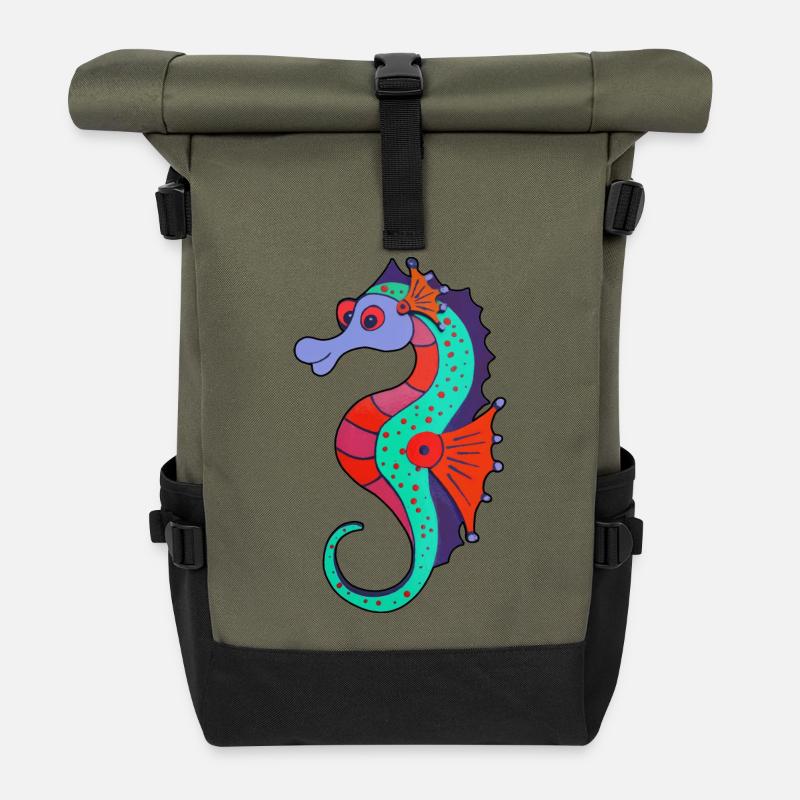Fiery seahorse in fresh colors - Roll Top Backpack - olive/black