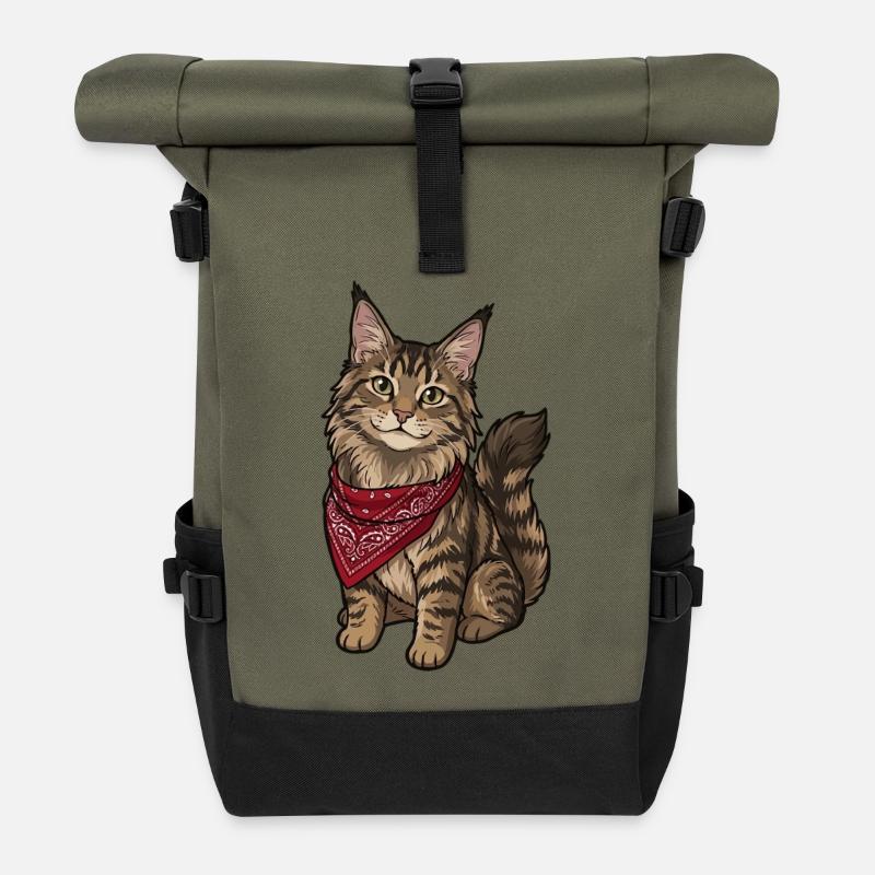 Maine Coon Cat - Roll Top Backpack - olive/black