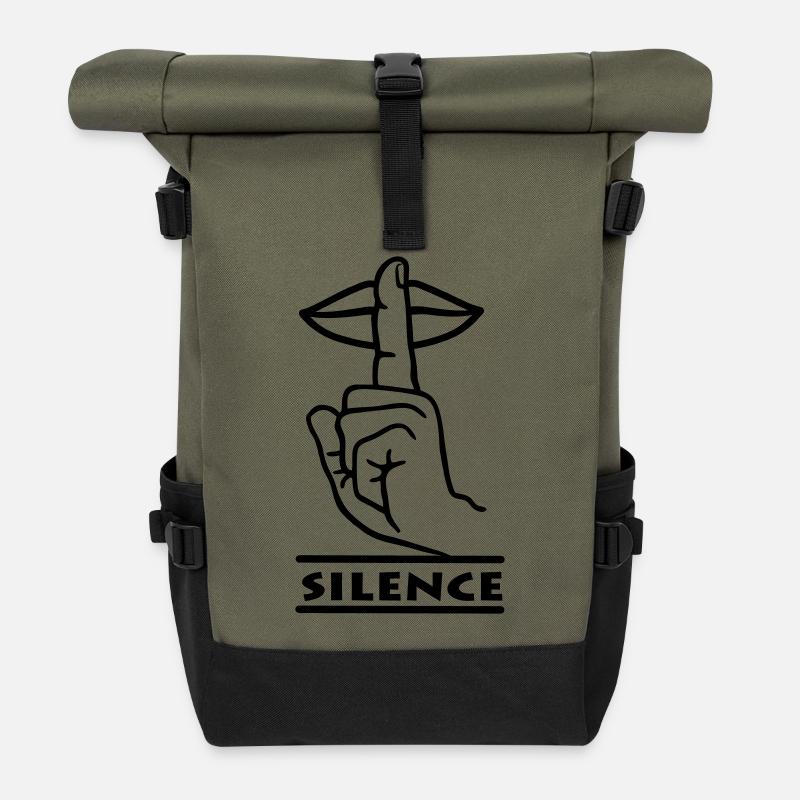Hand mit Finger Stille Handgeste 'STILLE' - Rolltop Rucksack - Olive/Schwarz