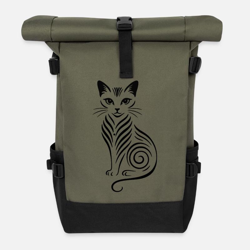 Night Cat Silhouette - Roll Top Backpack - olive/black