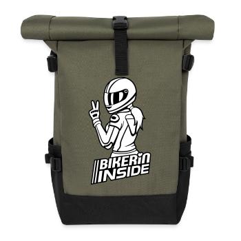 Bikerin inside (Farben änderbar) - Rolltop Rucksack - Olive/Schwarz - Vorne