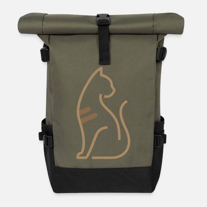 Abstract Cat Motif – Timeless Line Art - Roll Top Backpack - olive/black