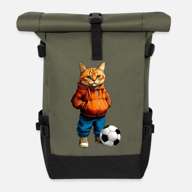 Fussballer Katze - Rolltop Rucksack - Olive/Schwarz