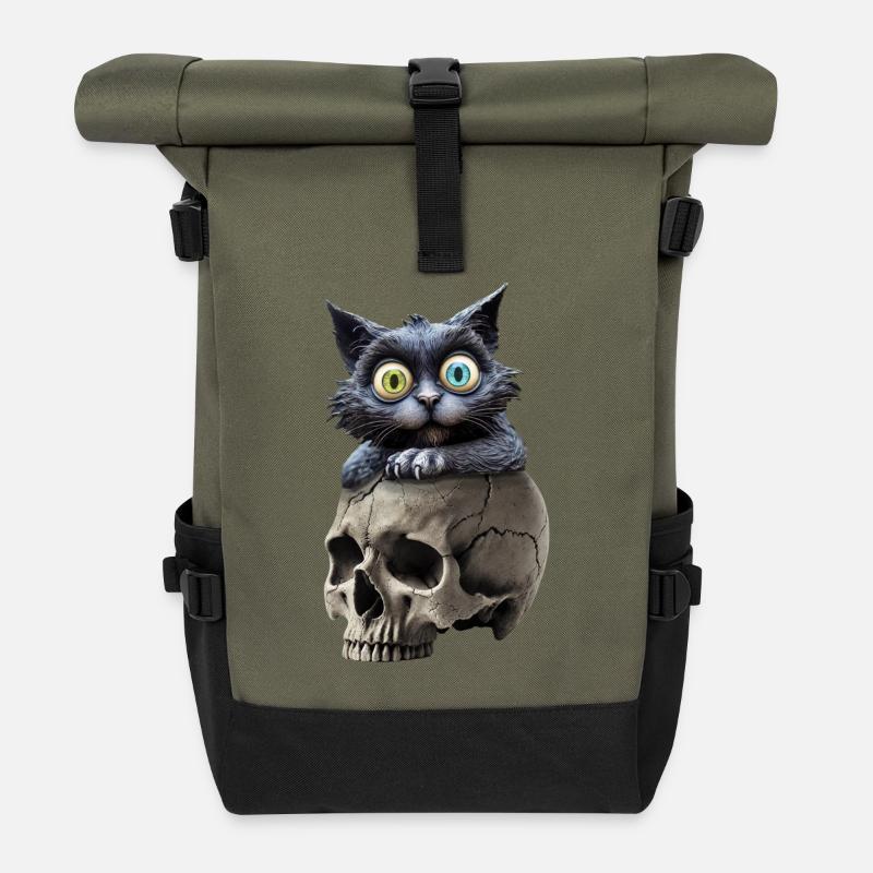 A mysterious cat, stately seated on a skull - Roll Top Backpack - olive/black