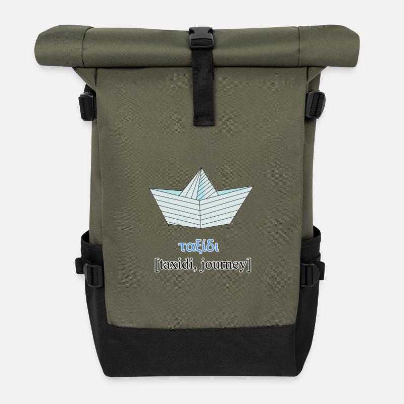 Origami Papierboot mit griechischem Wort - Rolltop Rucksack - Olive/Schwarz