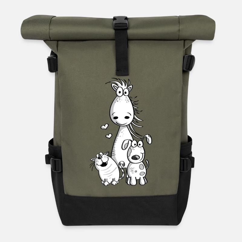 Beste Freunde I Pferd Hund Katze Comic - Rolltop Rucksack - Olive/Schwarz