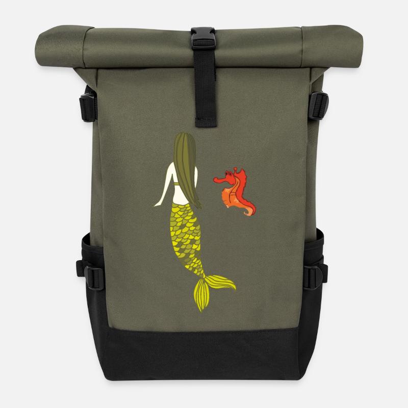 Mermaid date with seahorse - Roll Top Backpack - olive/black