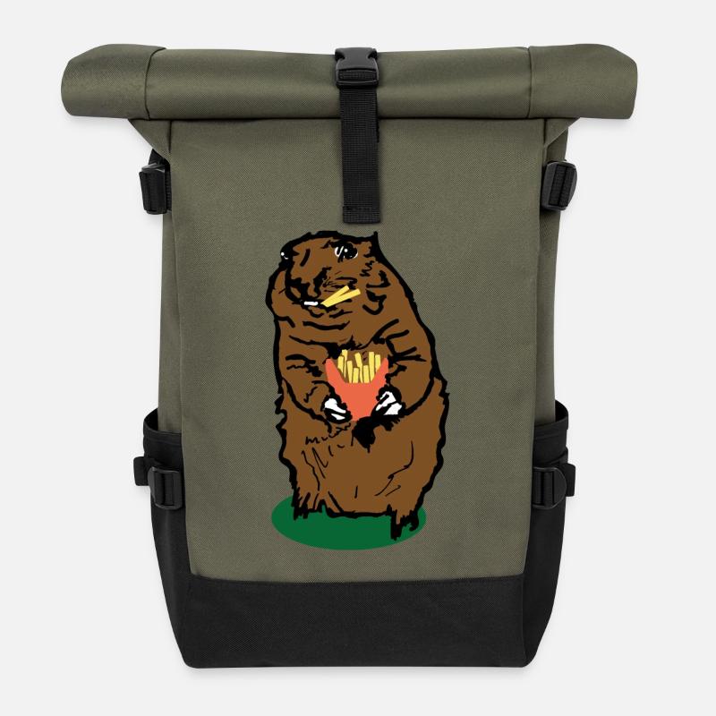 Murmeltier mit Pommes frites - Rolltop Rucksack - Olive/Schwarz